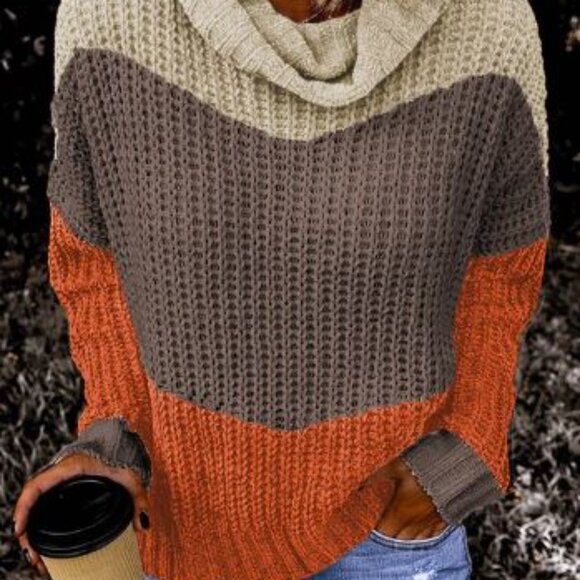 Orange Tan Brown Cowl Neck Colorblock Long-sleeve Cable Knit Sweater - Picture 2 of 2